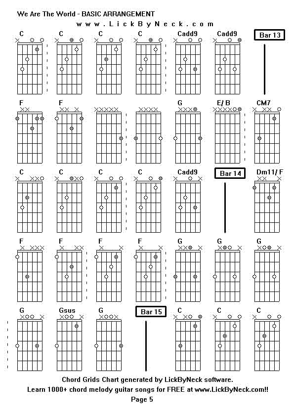 Chord Grids Chart of chord melody fingerstyle guitar song-We Are The World - BASIC ARRANGEMENT,generated by LickByNeck software.